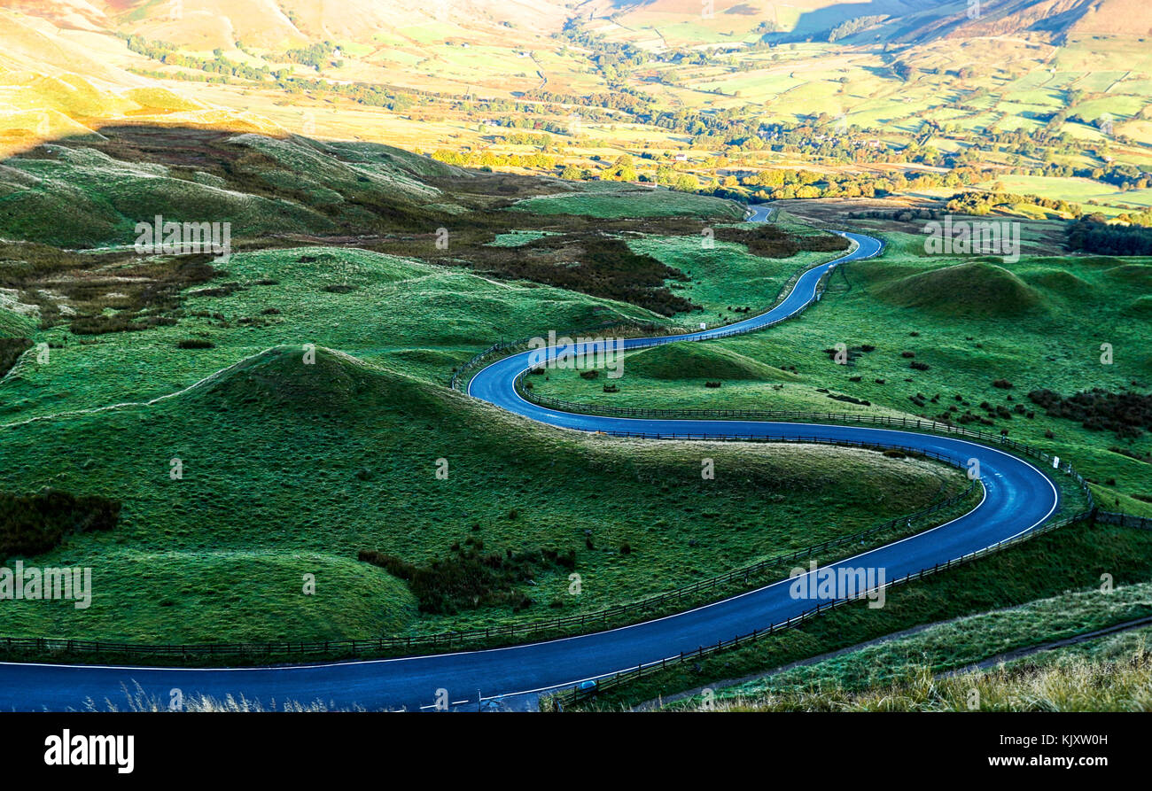 Road from Mam Tor across the Hope valley to Edale in the Peak district