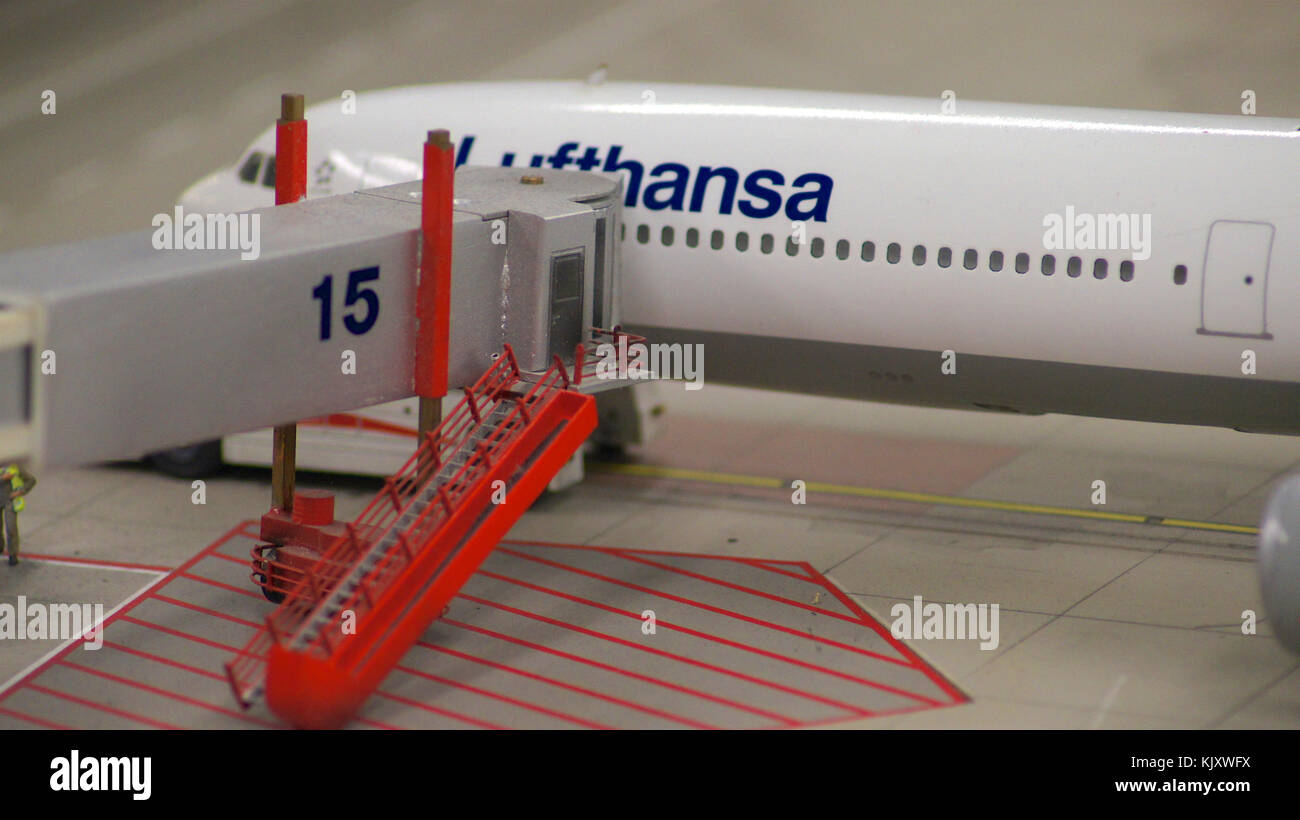 HAMBURG, GERMANY - MARCH 8th, 2014: Flughafen Wunderland. Up to 40 different aircrafts, from Cessna to Airbus A 380, are taxing independently on Knufingen Airport at Miniatur Wunderland Museum to the gates Stock Photo