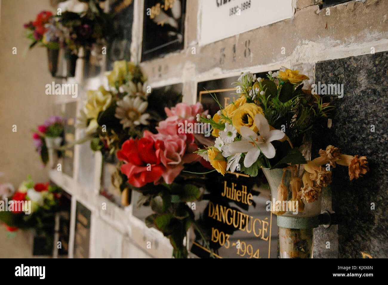 Nameplates over the cinerary urns at the Columbarium in the Père Lachaise Cemetery, Paris, France. Stock Photo
