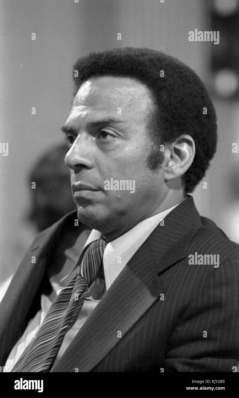 Andrew Young, bw head and shoulders photo, June 6, 1977 flipped Stock Photo