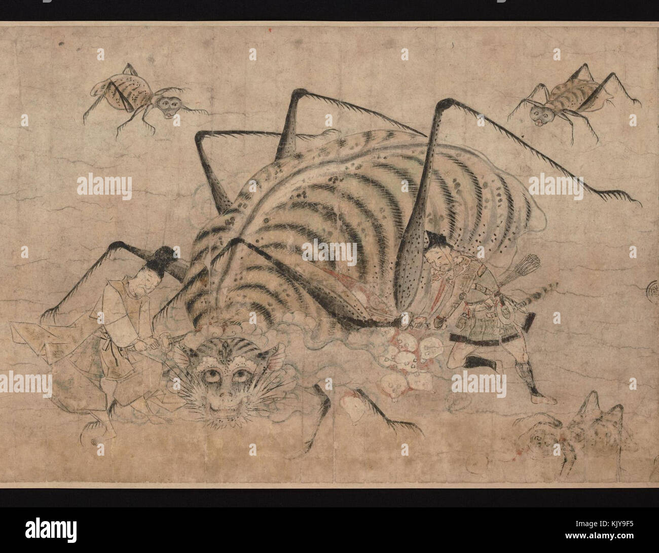This artwork from the Tsuchigumo no Soshi emaki depicts the legendary moment of the samurai Yorimitsu slaying the Tsuchigumo spider demon, a key scene in Japanese folklore. Stock Photo