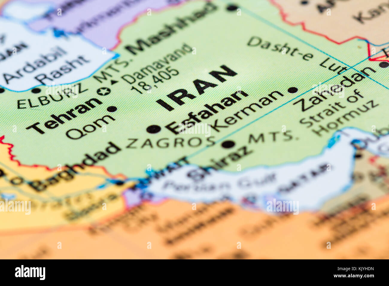 Close up of a world map with Iran in focus Stock Photo