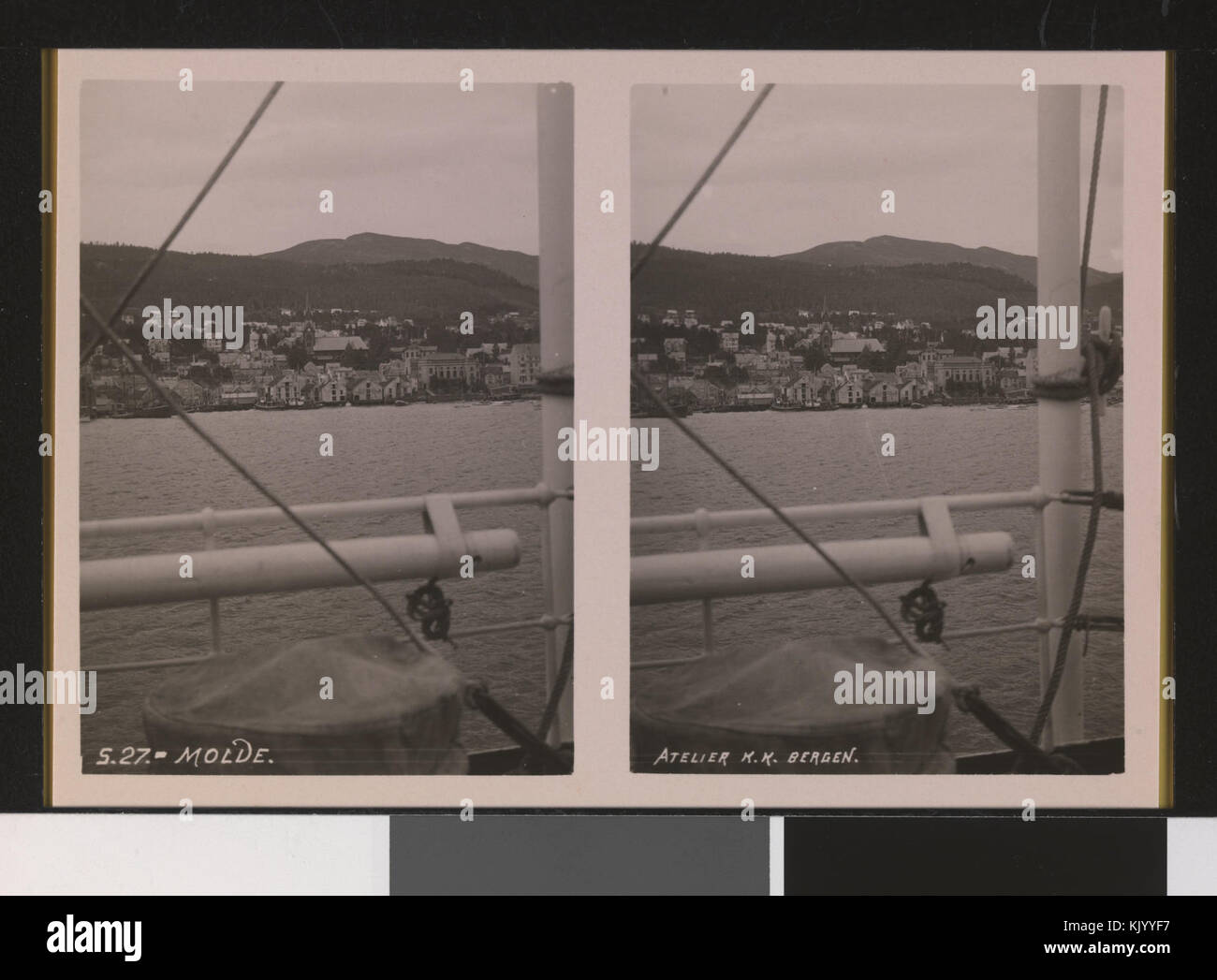 This stereophotograph depicts Molde, Norway, seen from the fjord. The image captures the stunning landscape, emphasizing the natural beauty of the area. This historic photograph is part of the Norwegian photographic archive. Stock Photo