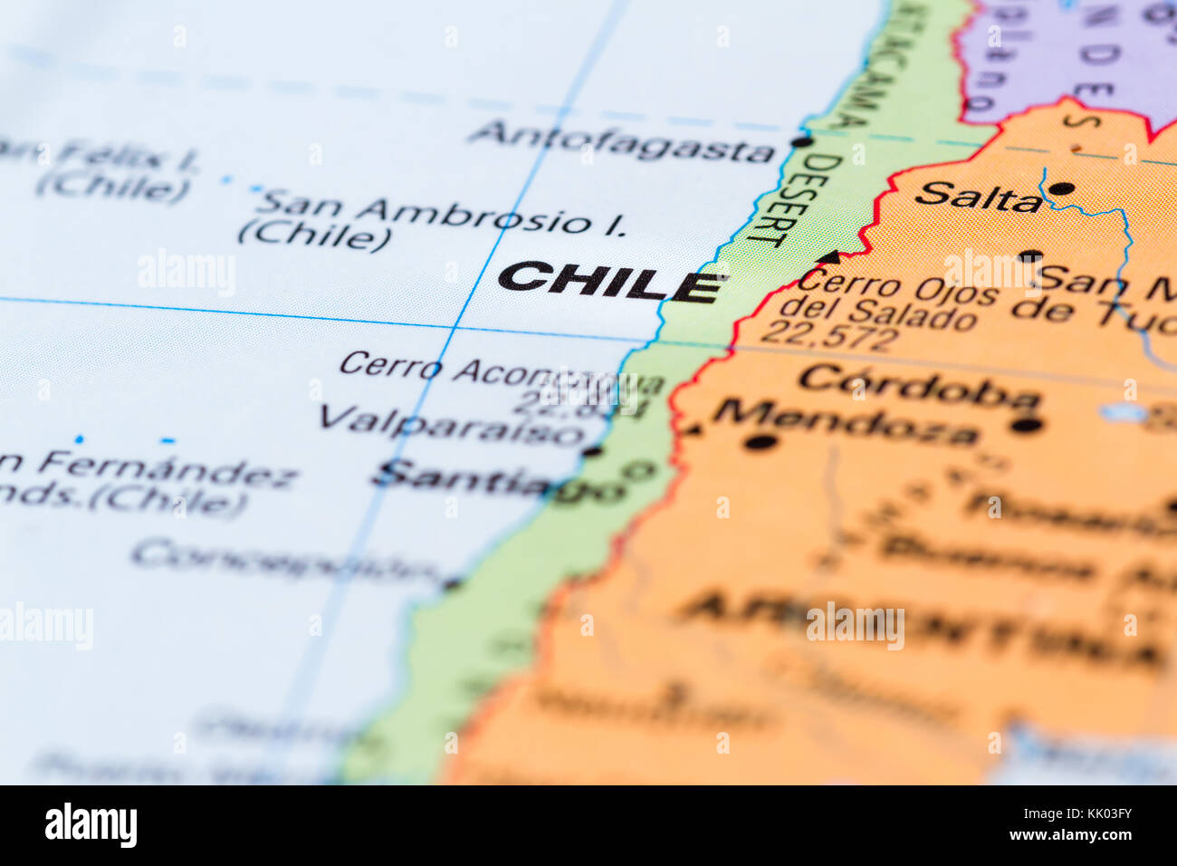 close up of a world map with the word Chile in focus Stock Photo