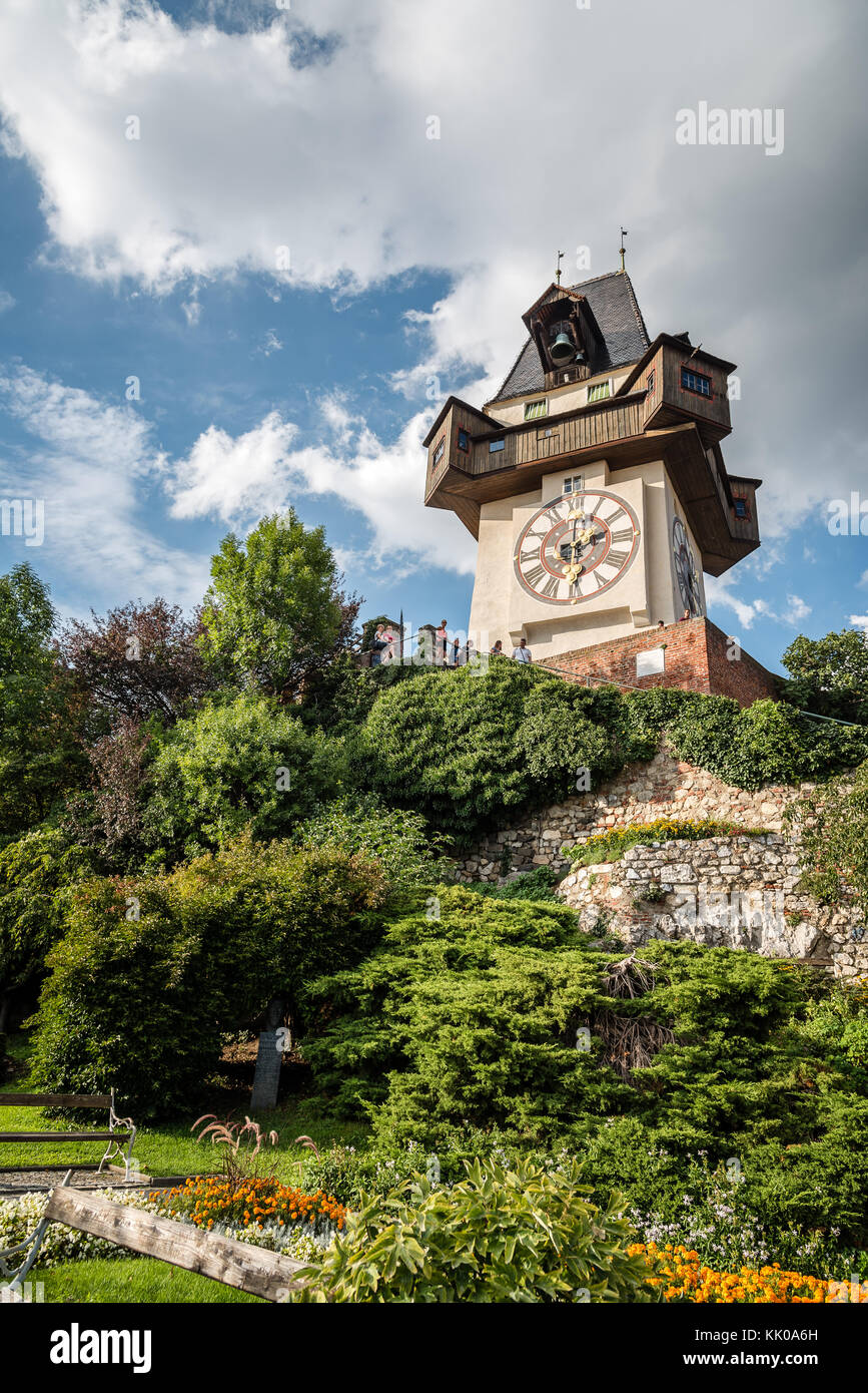 Low angle view of Uhrturm clock in Graz Stock Photo