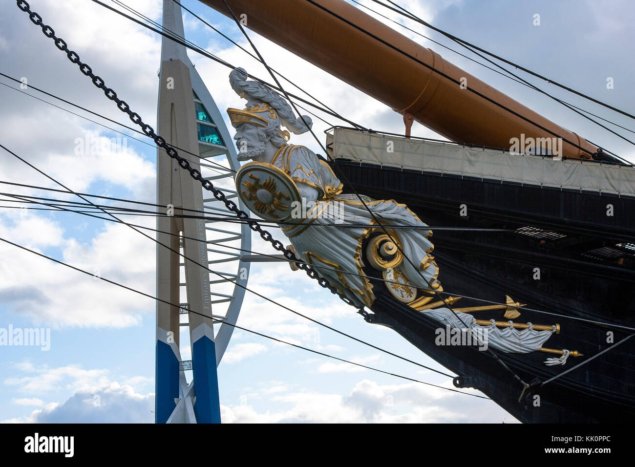 View of Spinnaker Tower behind HMS Warrior masthead, Portsmouth, Hampshire, England Stock Photo
