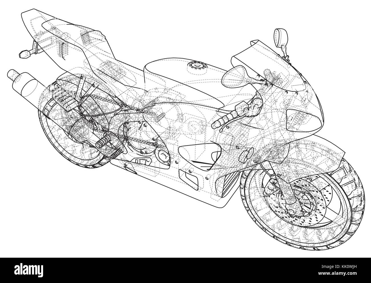 Sport motorcycle technical wire-frame. Vector illustration. Tracing illustration of 3d Stock Vector