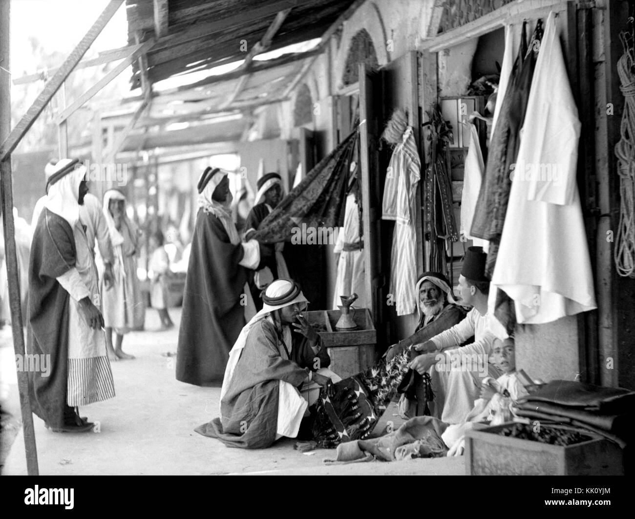 The Beersheba bazaar. Bedouins bargaining with vendors. between 1898