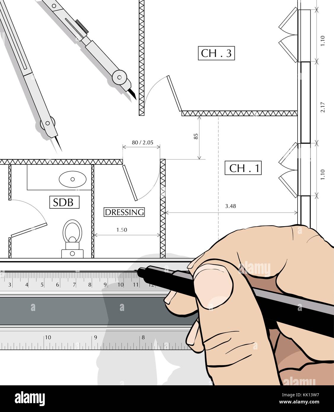 Drawing an house plan with a straight edge and dividers (vector ... Drawing an house plan with a straight edge and dividers (vector ...