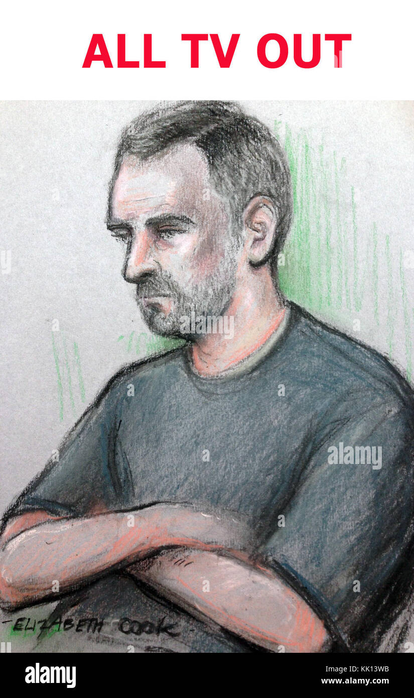 ALL TV OUT Court artist sketch by Elizabeth Cook of Joseph Isaacs, 39, as he appears at Taunton Magistrates' Court accused of attempting to murder D-Day veteran Jim Booth who was seriously injured in a claw hammer attack at his home. Stock Photo