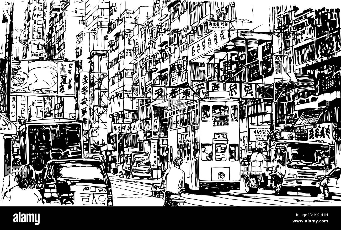 Hand Drawing Of A Street In Hong Kong Vector Stock Vector Image And Art