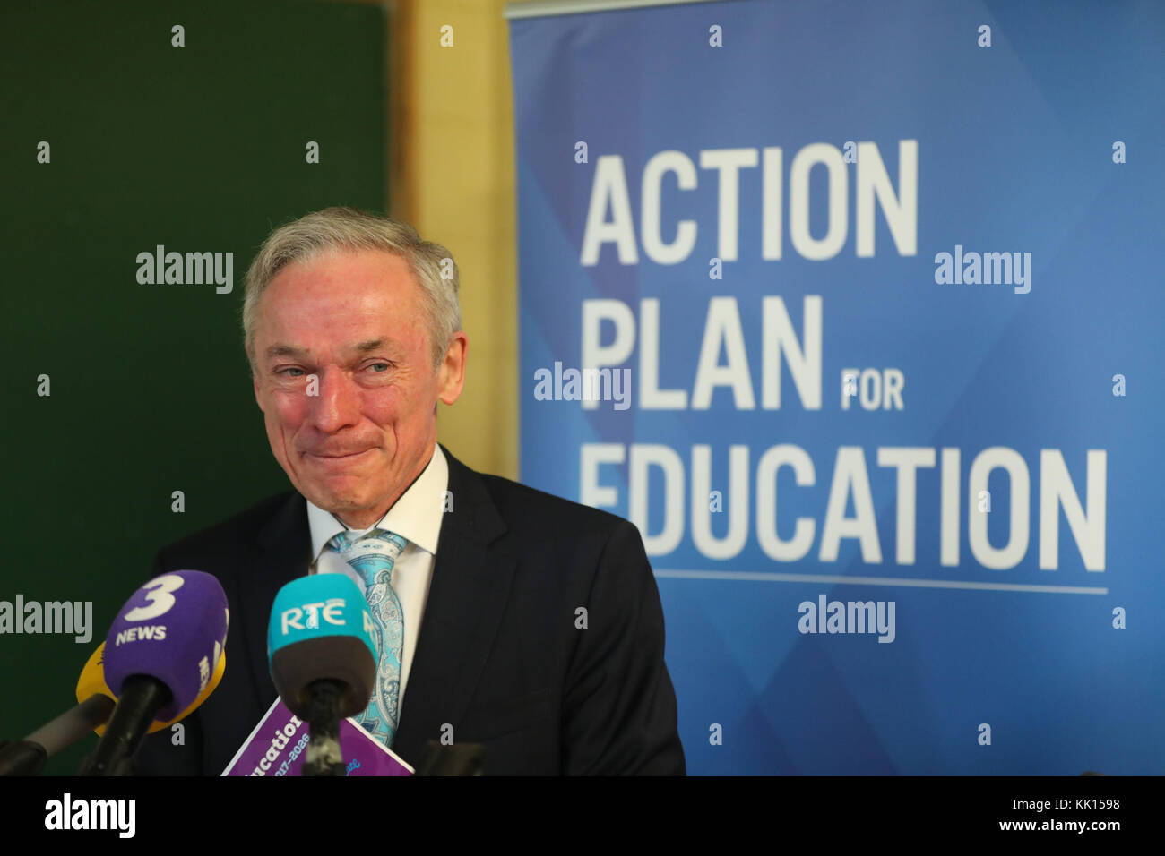 Education Minister Richard Bruton speaking to the media at St Clares Convent National School in Dublin. Stock Photo