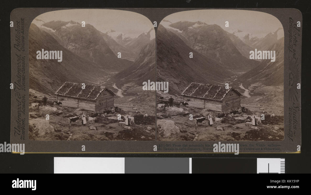 (81)   681   From the mountain inn at Vidde saeter down the Vidde valley   Mt. Skaala in right distance, Norway stereofotografi   no nb digifoto 20160622 00194 bldsa stereo 0161 Stock Photo