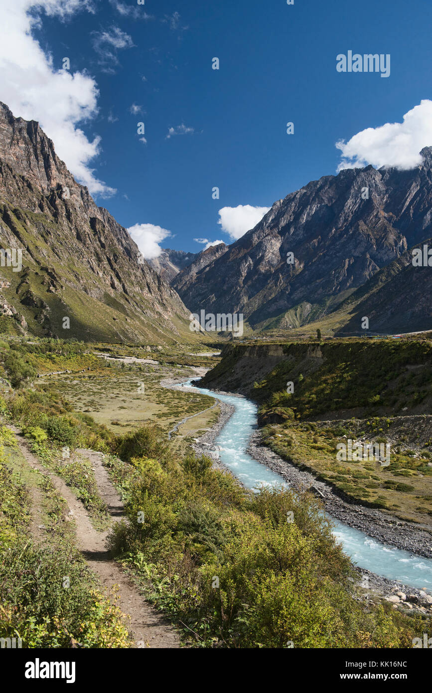 The beautiful Siyar Khola River runs through the Tsum Valley near the Tibet border, Nepal Stock Photo