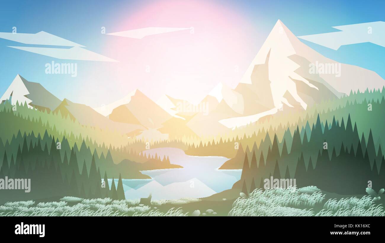 Pine Forest with Mountain Lake - Vector Illustration Stock Vector Image ...