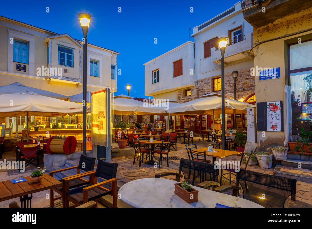 Bars and coffee shops in the central square of the old town of Chios in