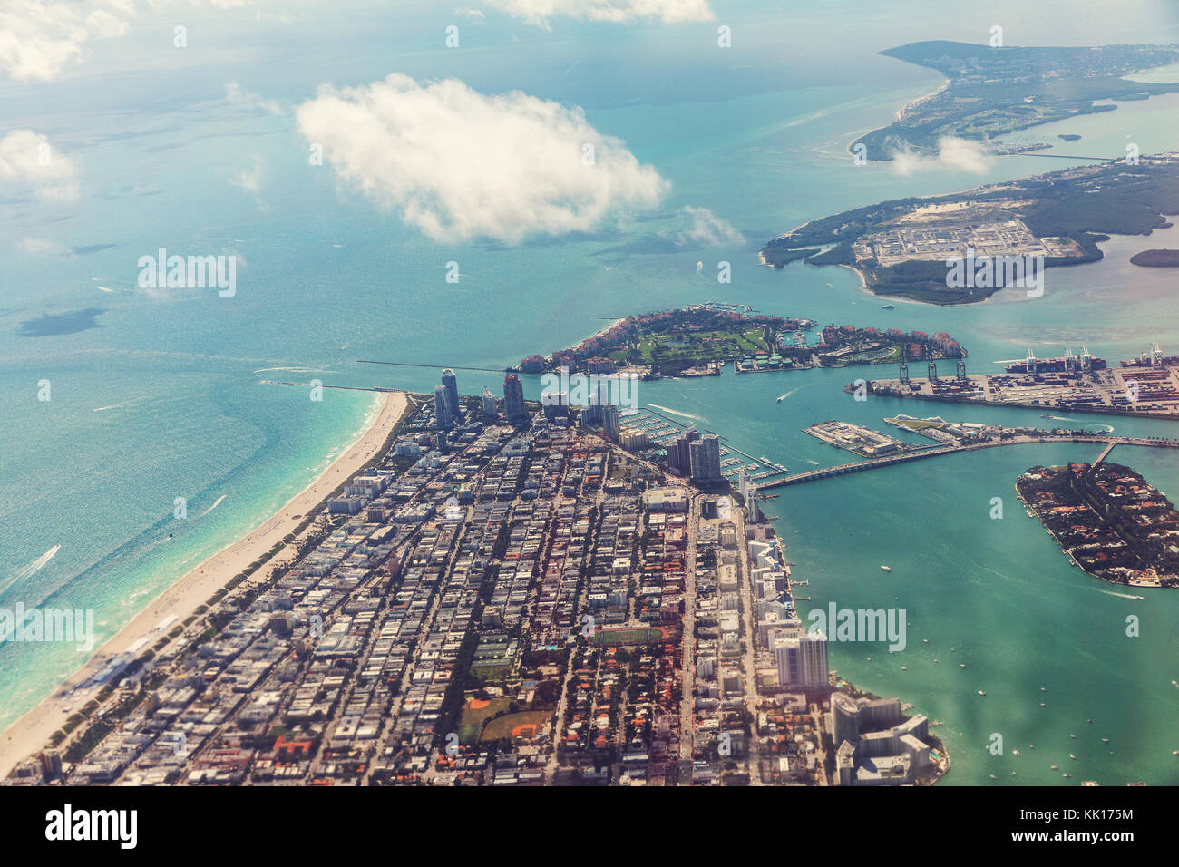 Aerial view of Miami from the aircraft. In the background of ...