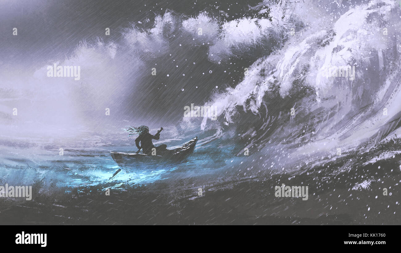 man rowing a magic boat in stormy sea with rogue waves, digital art style, illustration painting Stock Photo