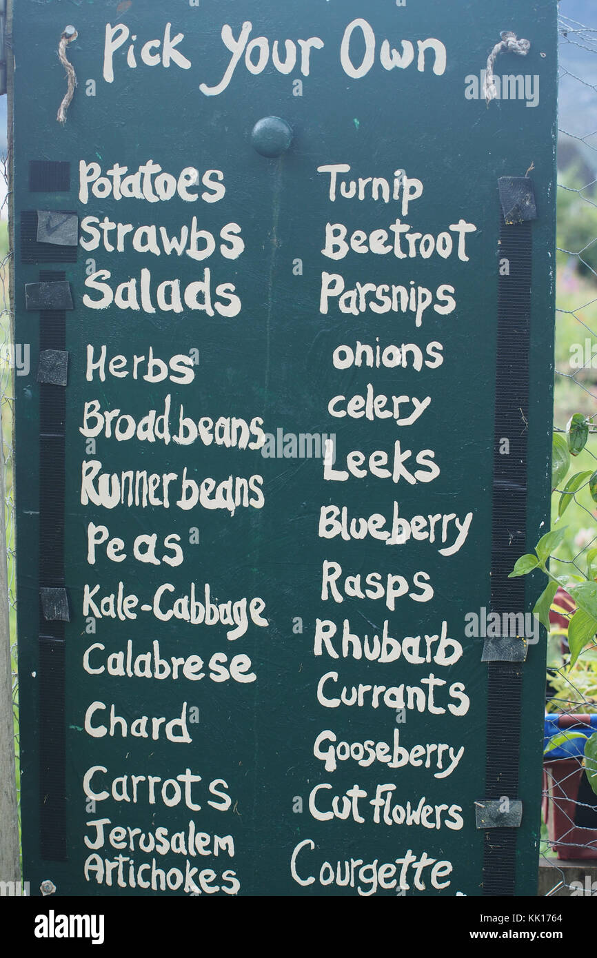 List of pick your own sign at a community allotment, Scotland Stock Photo