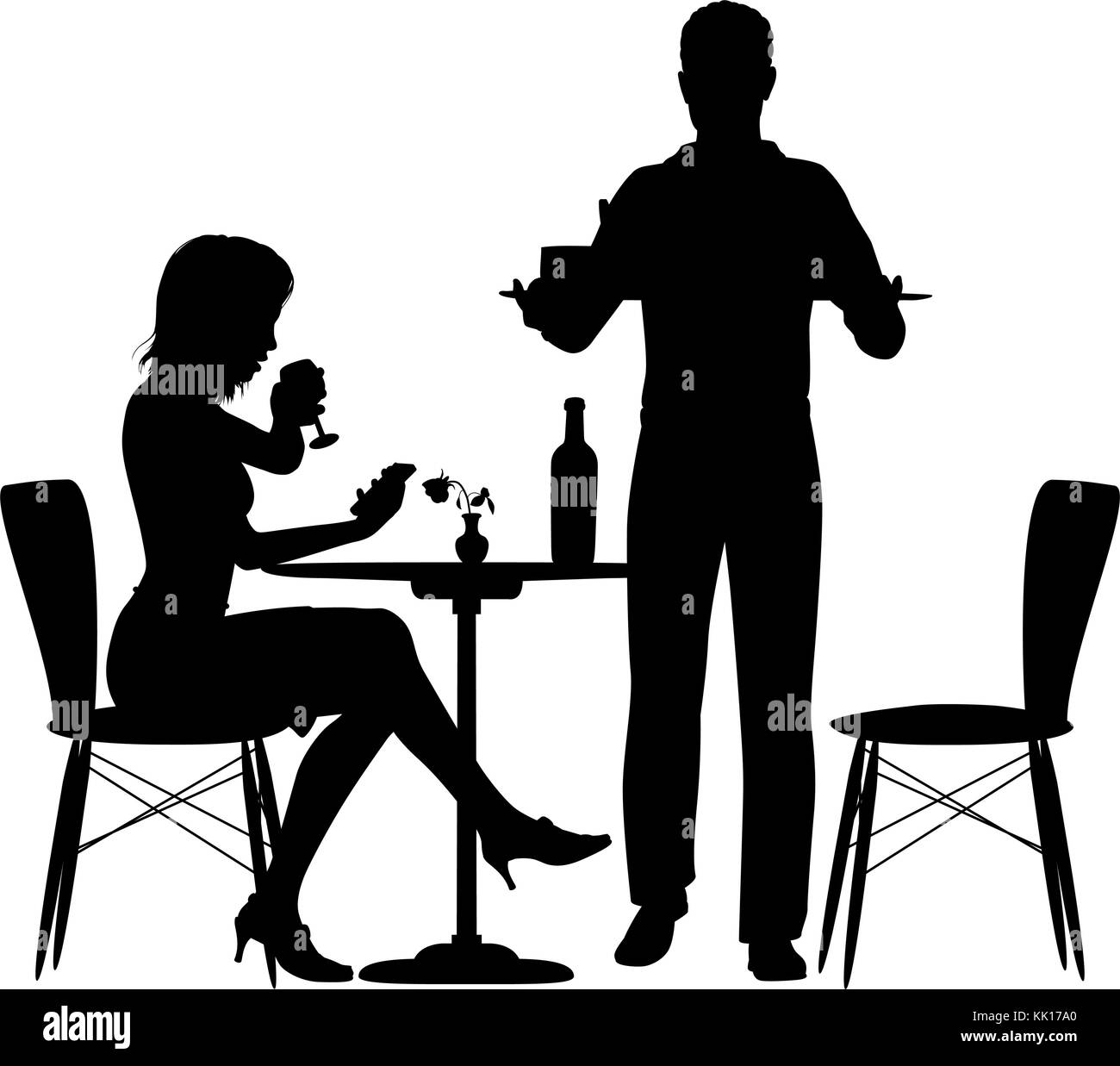 Editable vector illustration of a woman being served food by a man who could be a waiter or her partner with elements as separate objects Stock Vector