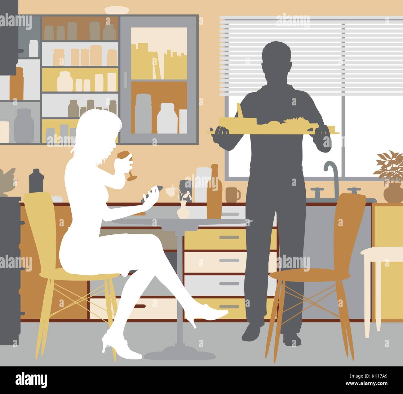 Editable vector illustration of a woman being served food by a man at home Stock Vector