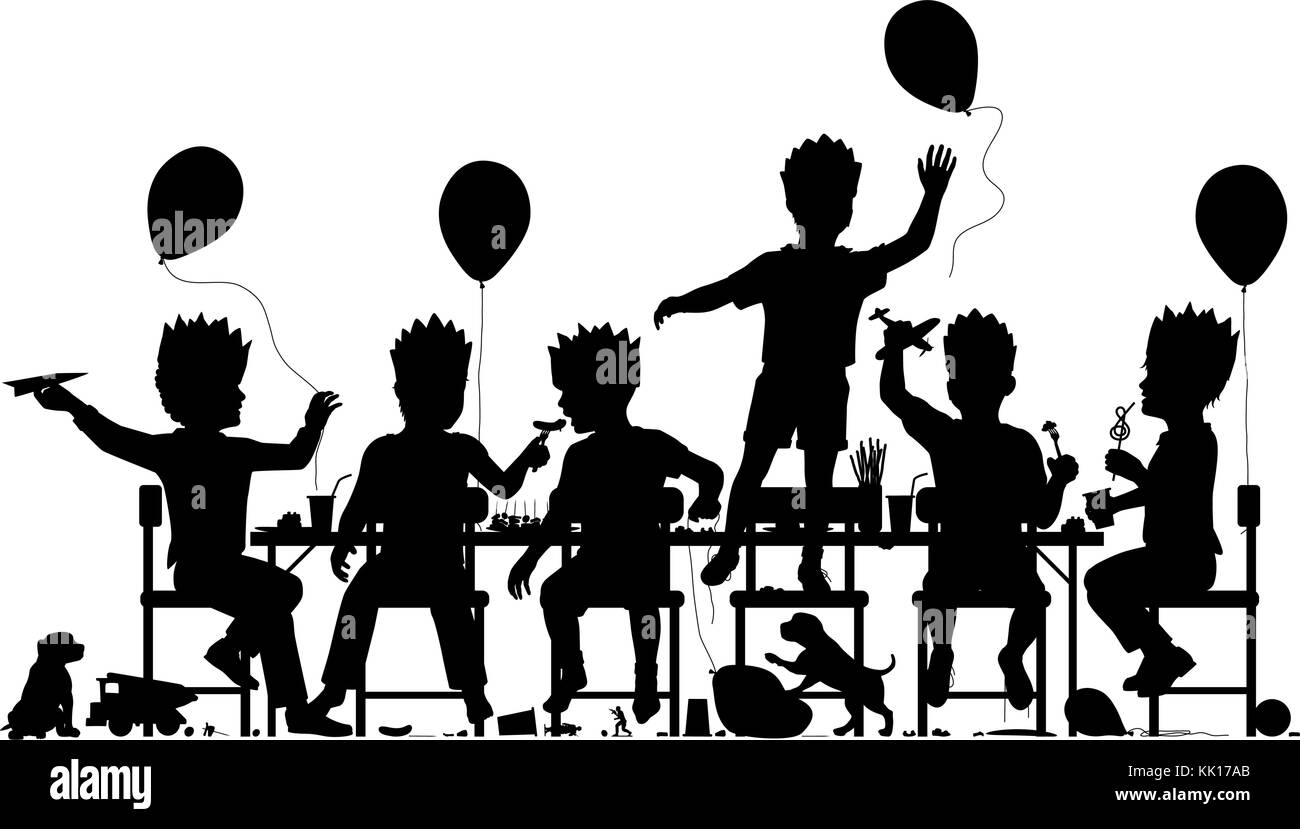Editable vector silhouette of young boys having a lively party with all elements as separate objects Stock Vector