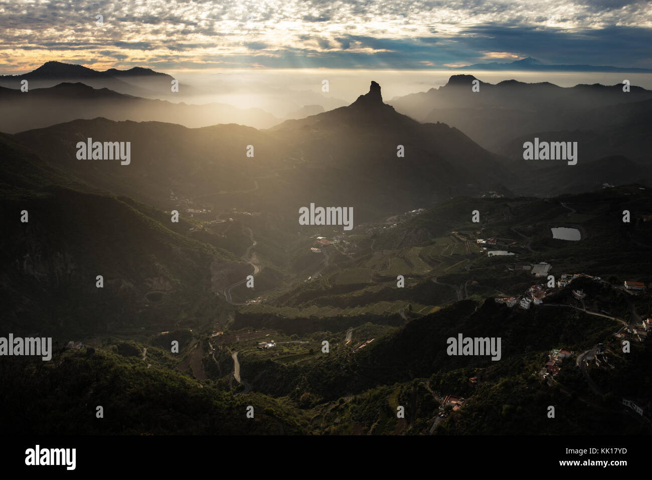 Roque Nublo Sunset Gran Canaria looking out to Tenerife in the Canary Isles Stock Photo