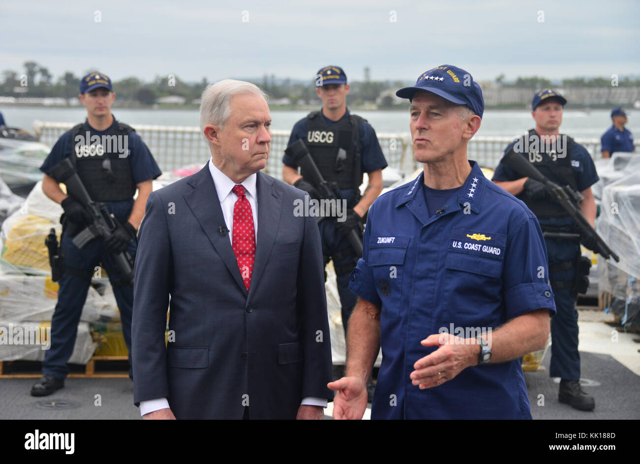 U.S. Attorney General Jeff Sessions (left) and U.S. Coast Guard Commandant Paul Zukunft speak about drug interdiction operations September 20, 2017 in San Diego, California. (photo by Taylor Bacon via Planetpix) Stock Photo