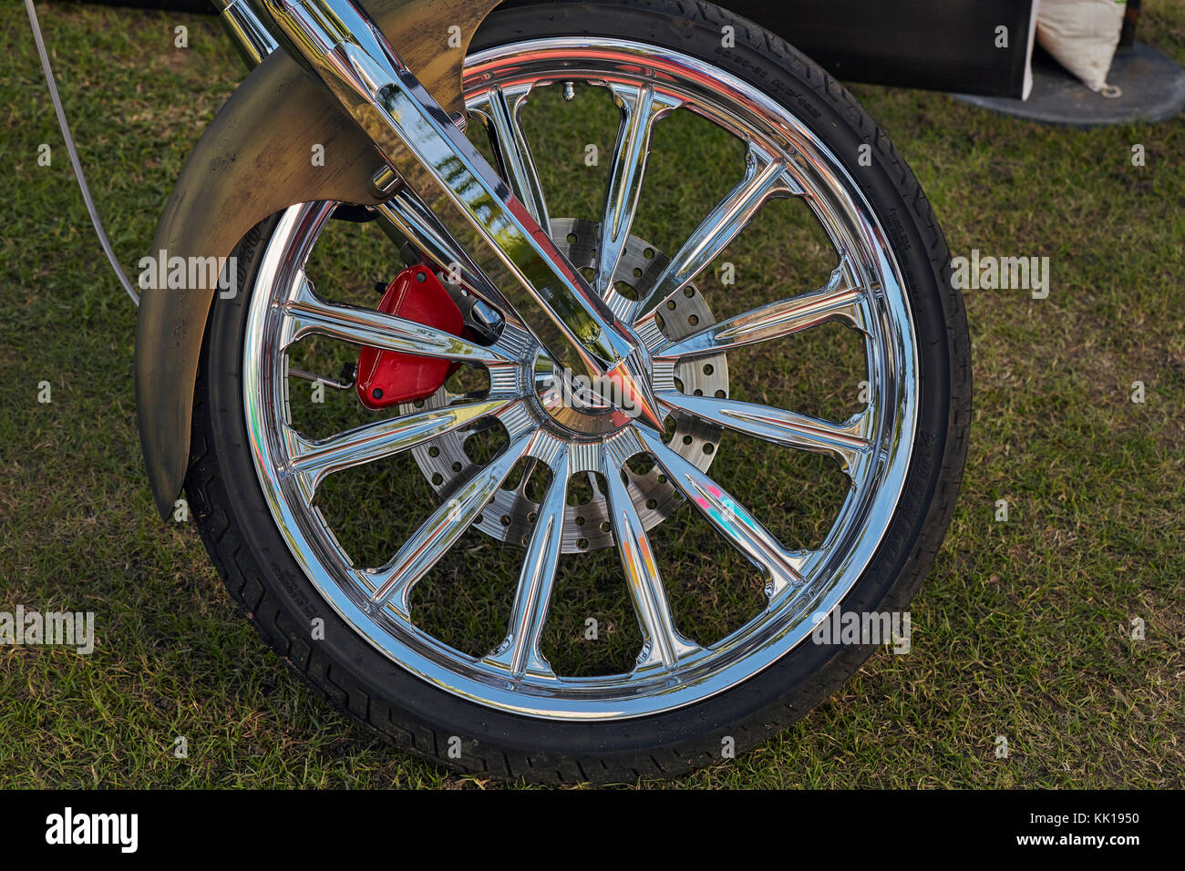Chrome motorcycle wheel Stock Photo Alamy