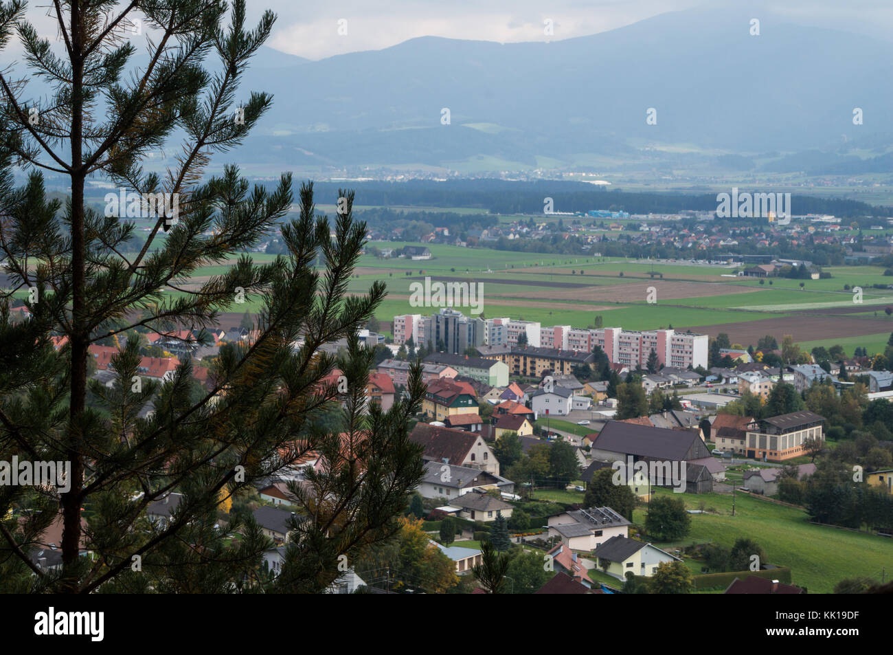 The Mur river valley seen from a hill overlooking the village of Fohnsdorf, Austria Stock Photo