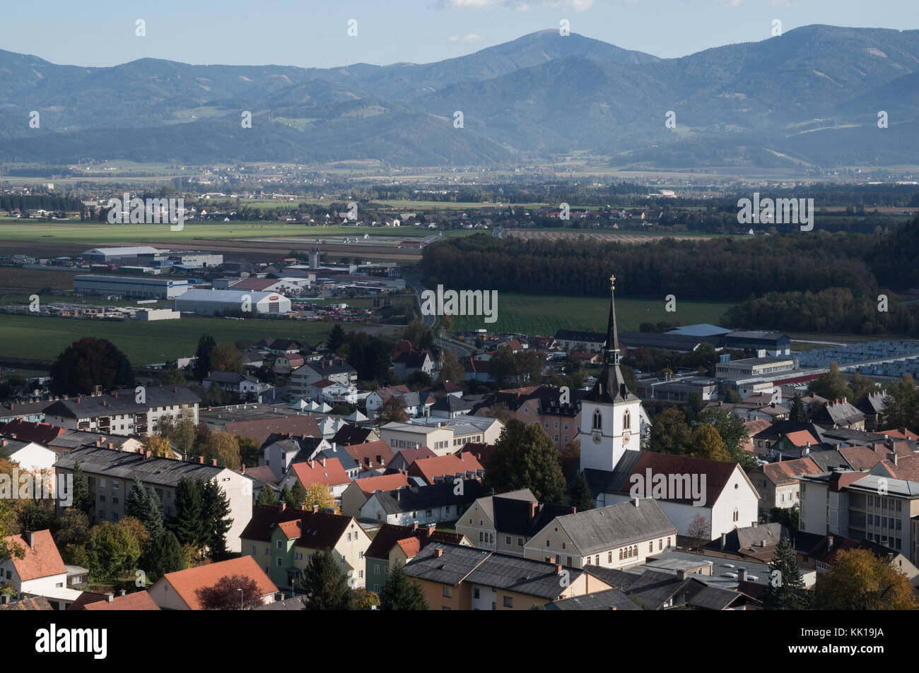 Fohnsdorf, Austria - 12.10.2017: The village of Fohnsdorf in the Mur river valley Stock Photo