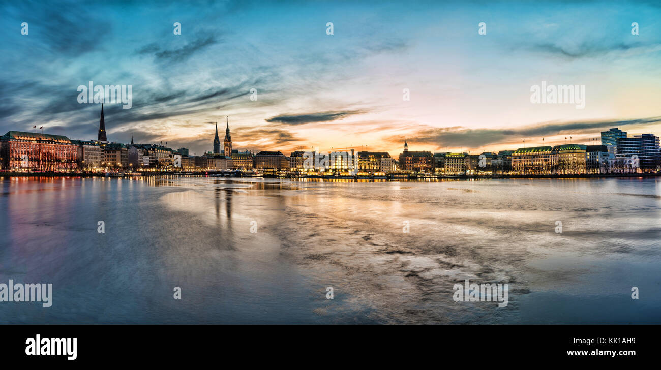 Hamburg cityscape with Alster Lake at sunset panorama Stock Photo