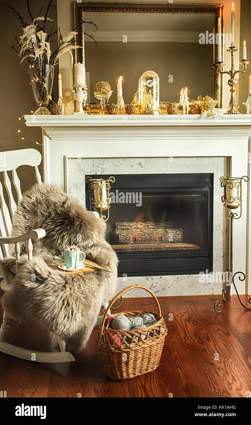 Interior Room With Elegant Christmas Decoration On Fireplace