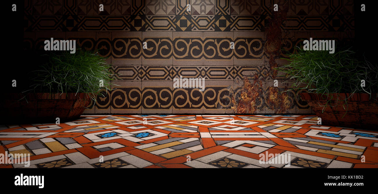 3D image.Interior architecture.Floral wall tiles.Floor ceramic tiles. Stock Photo