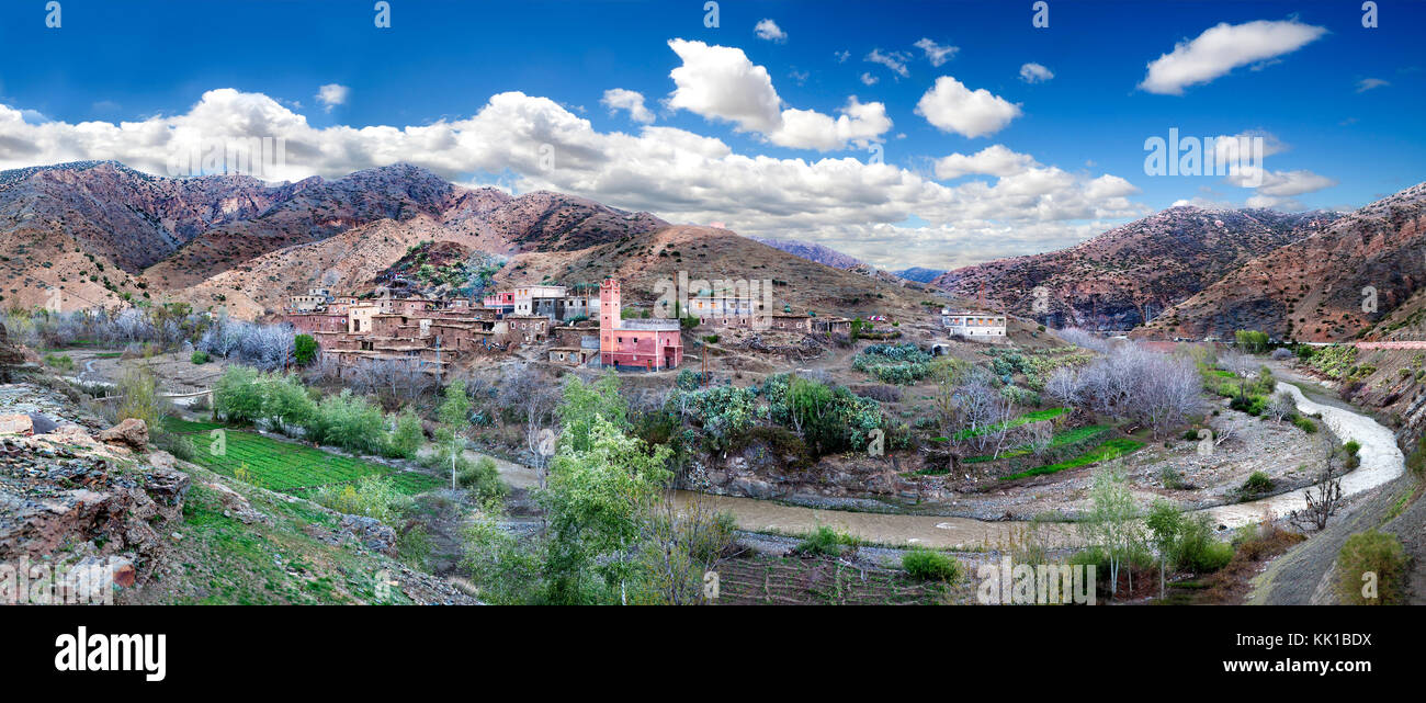 Village moroco and draa river over the Atlas mountain.Desert travel and adventures. Stock Photo