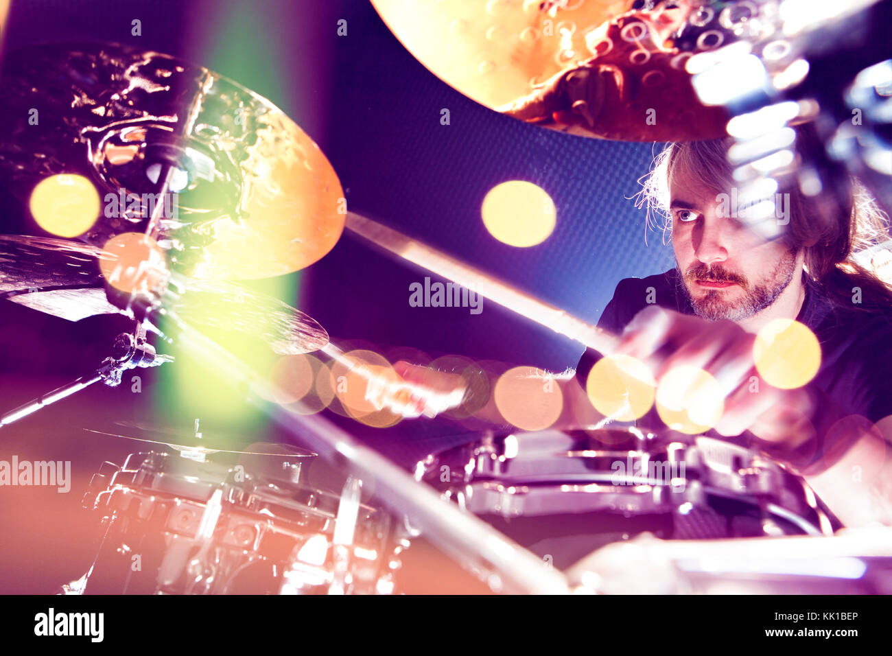 Drummer and live music concept background. Stage lights concert Stock