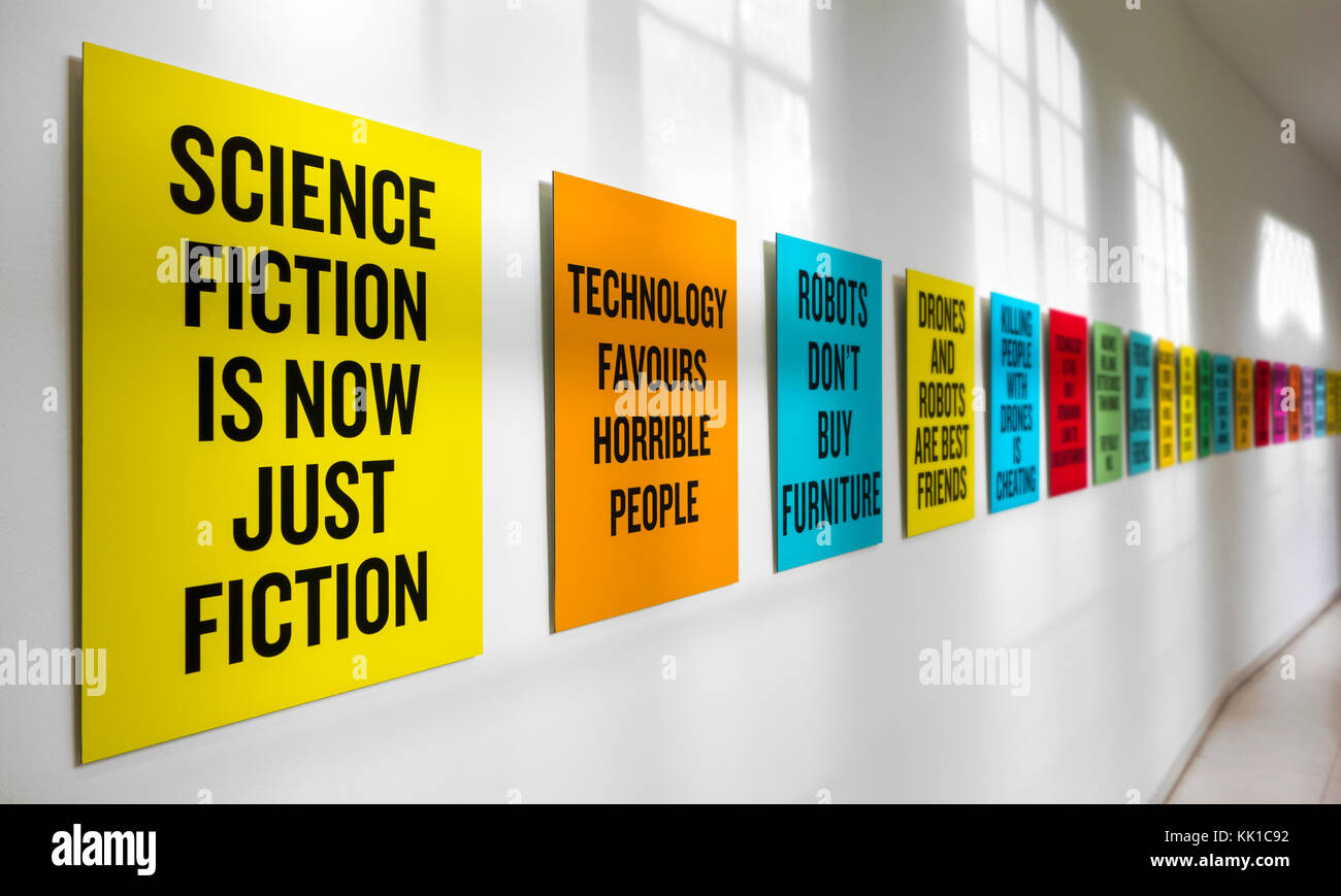 Colourful placards / posters / showcards with slogans about future development, science, robots and technology Stock Photo