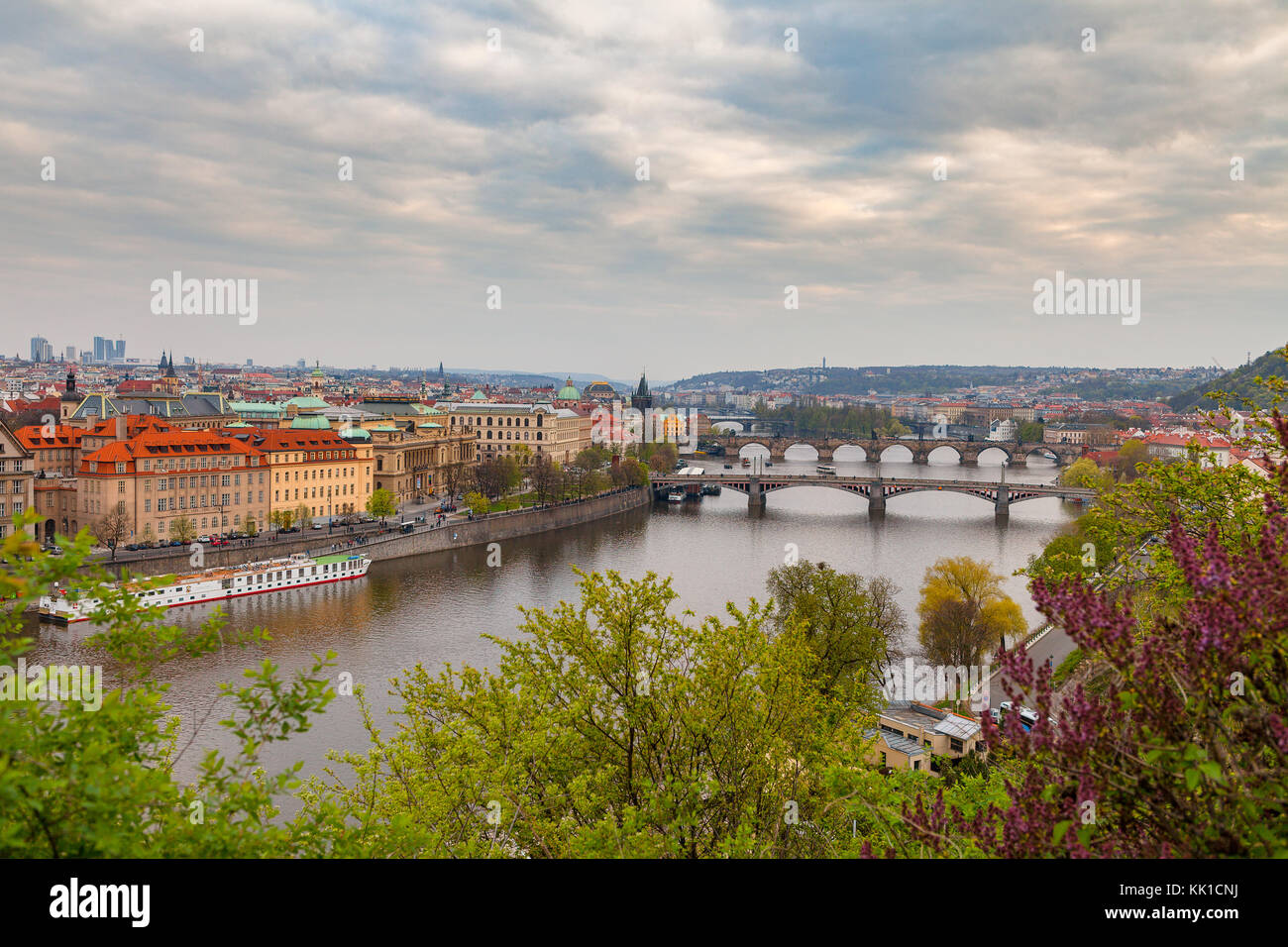 Ancient bridges of Prague over Vltava river. Heart of old town. Czech ...