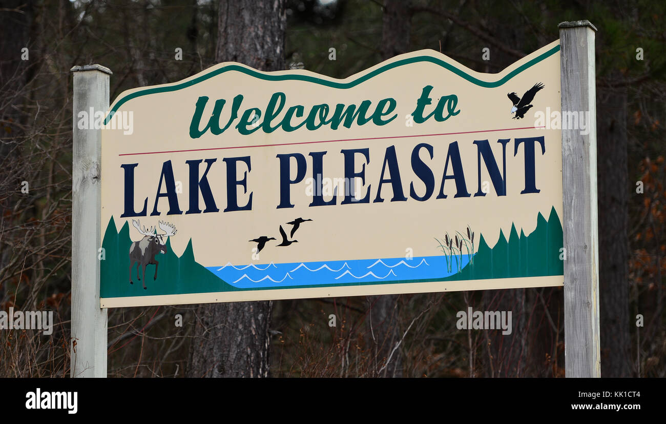 to Lake Pleasant sign in the Adirondack Mountains, NY, USA