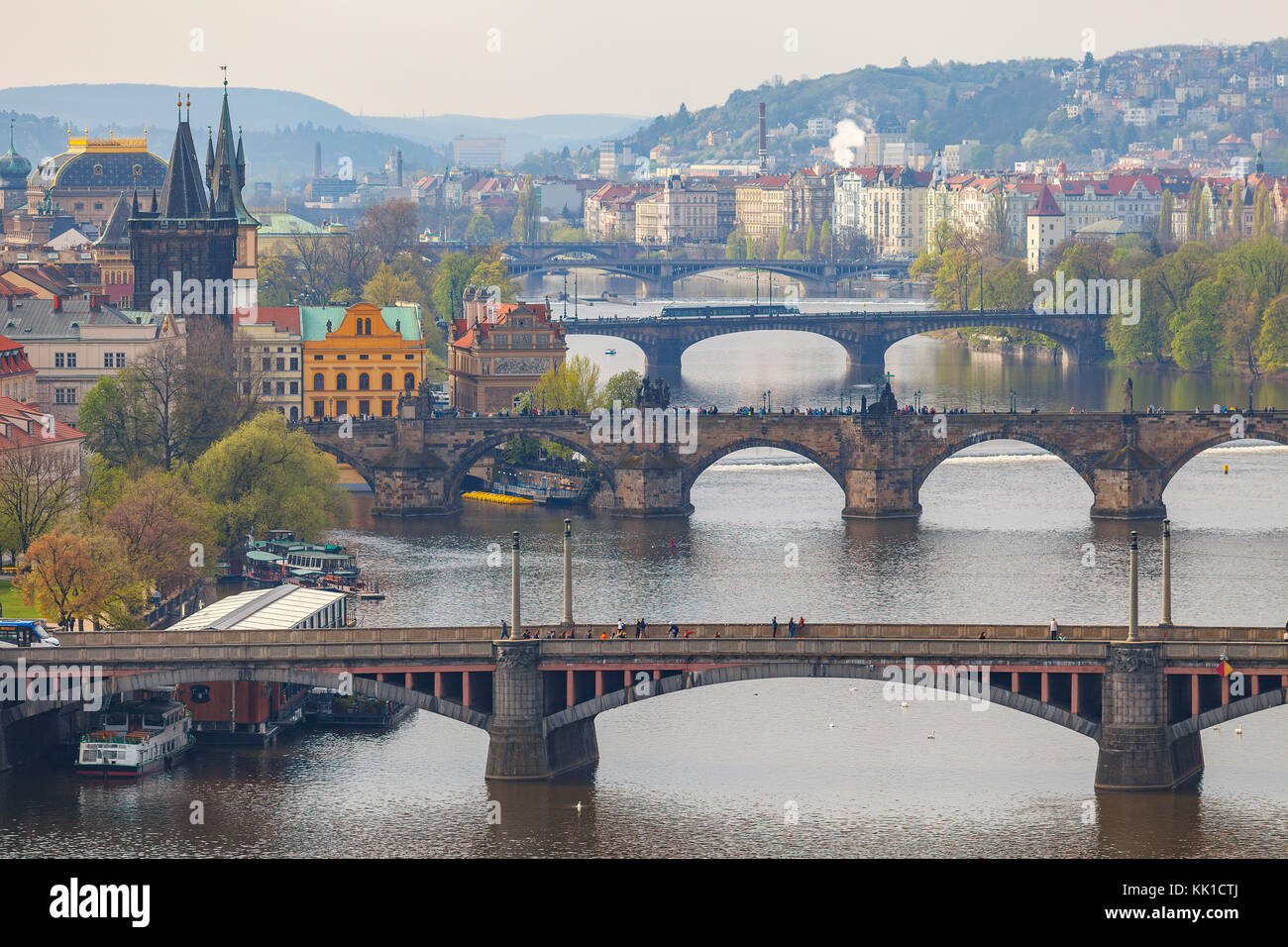 Remarkable view of Prague bridges over Vltava river. Daytime, spring season. Stock Photo