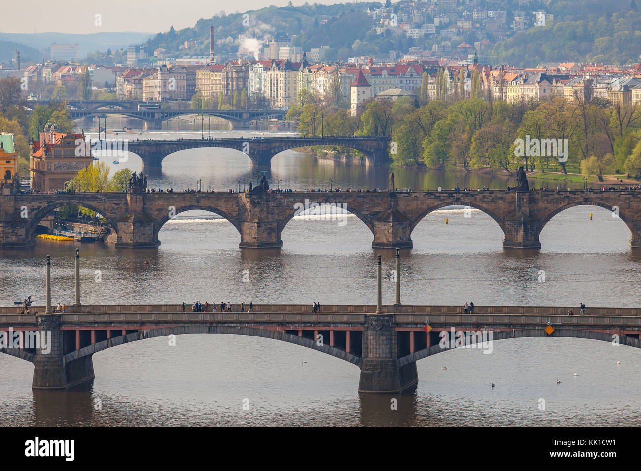 Remarkable view of Prague bridges over Vltava river. Daytime, spring season. Stock Photo