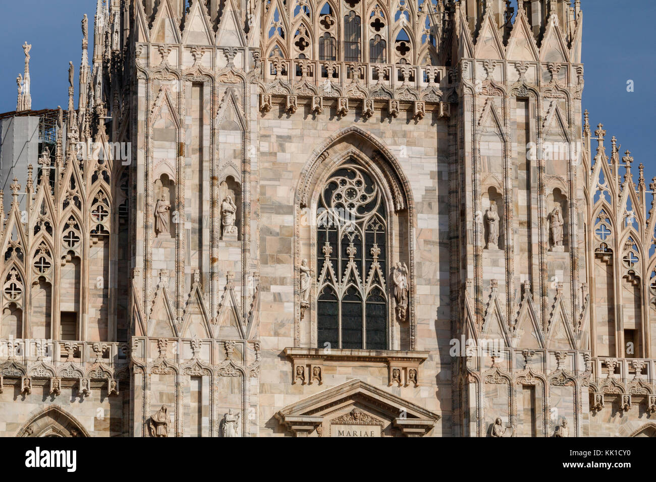 View of architectural details on the massive gothic cathedral Duomo, Milan, Italy Stock Photo