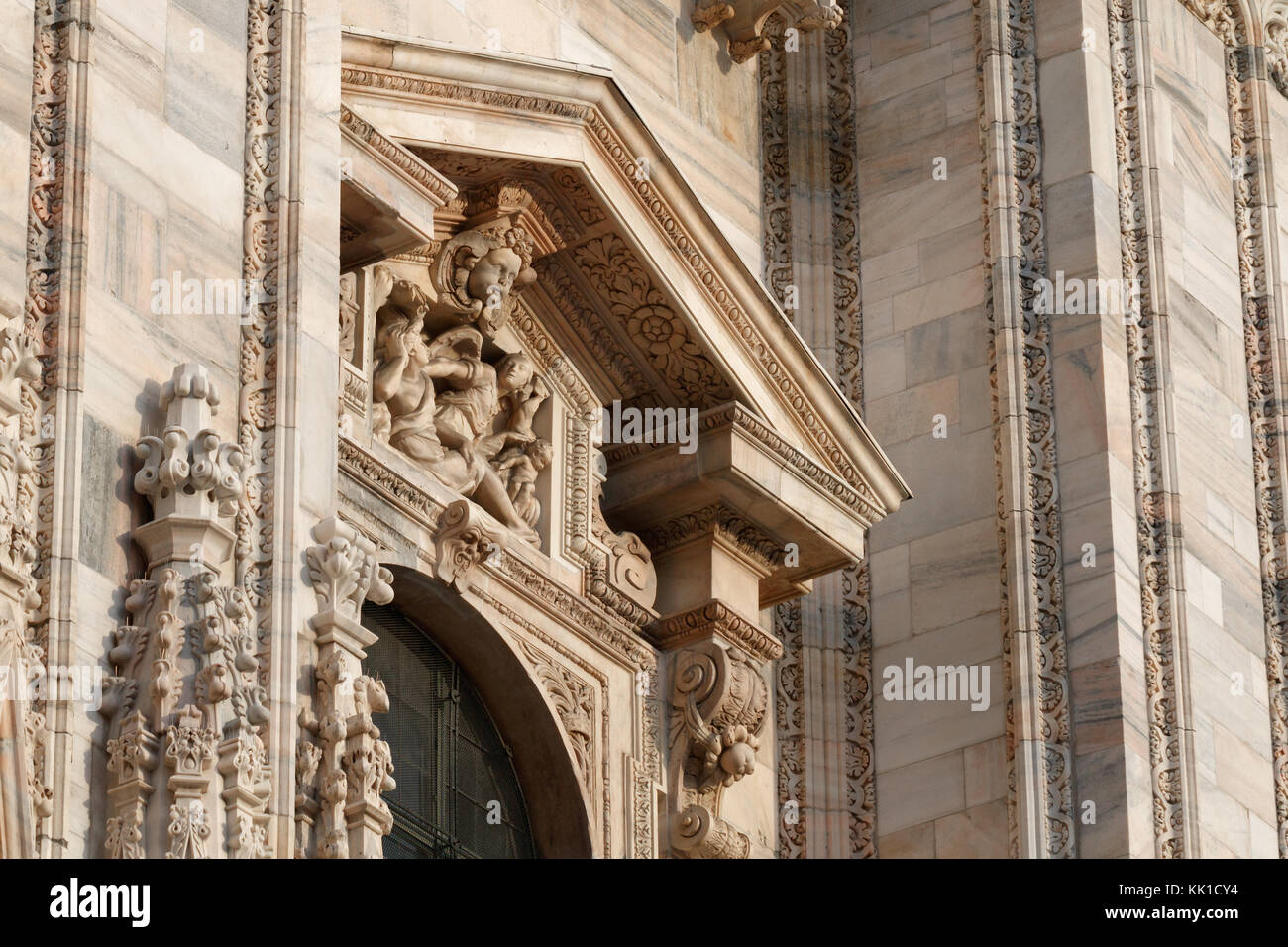 View of architectural details on the massive gothic cathedral Duomo, Milan, Italy Stock Photo