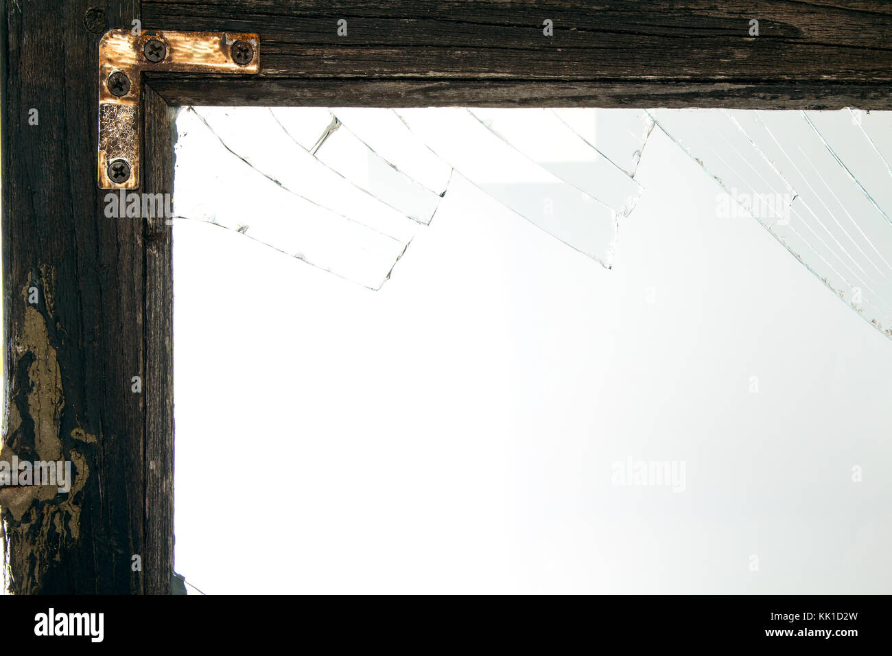 Broken window glass with wooden vintage frame around Stock Photo - Alamy