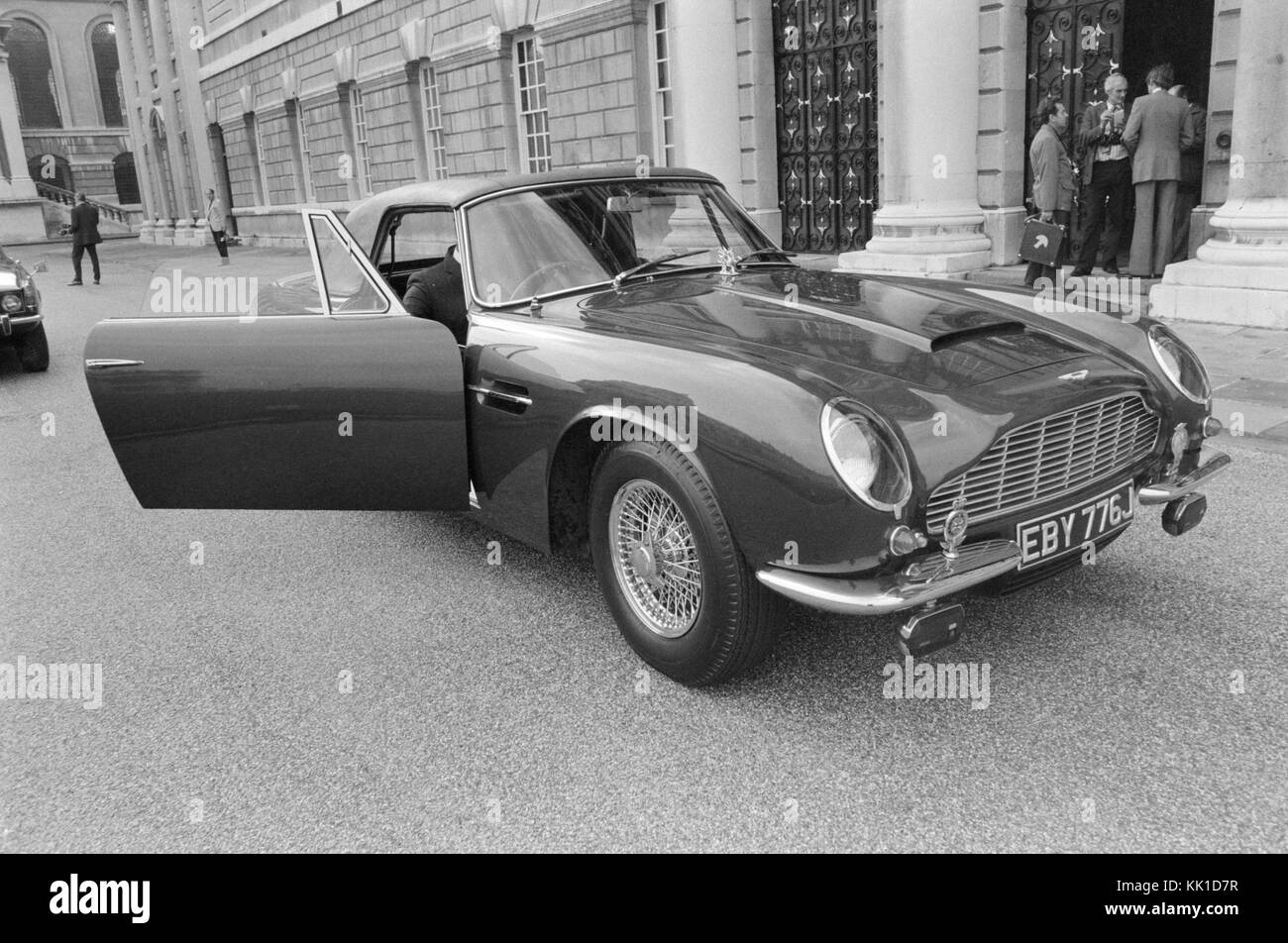 Prince Charles's 1969 Aston Martin DB6 Volante, registration number EBY 776J, parked outside Greenwich naval College in London, during a visit by the Prince in 1975. This car is still owned by Prince Charles, and was used by Prince William and Kate Middleton after their wedding in 2011. Stock Photo