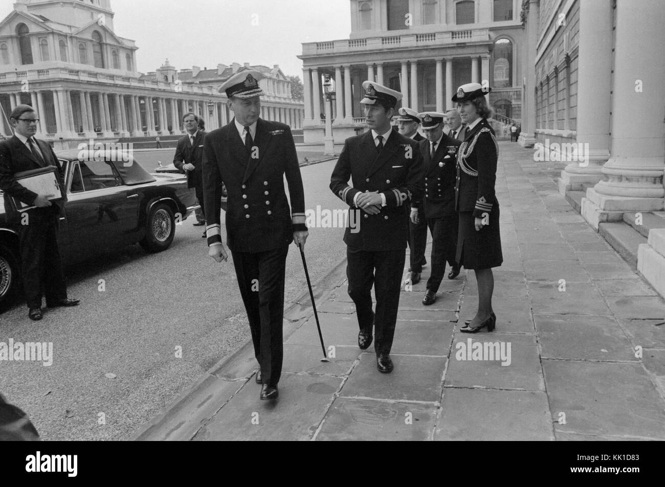 HRH Prince Charles visiting Greenwich Naval College in London in 1975. Prince Charles in his naval uniform. Stock Photo