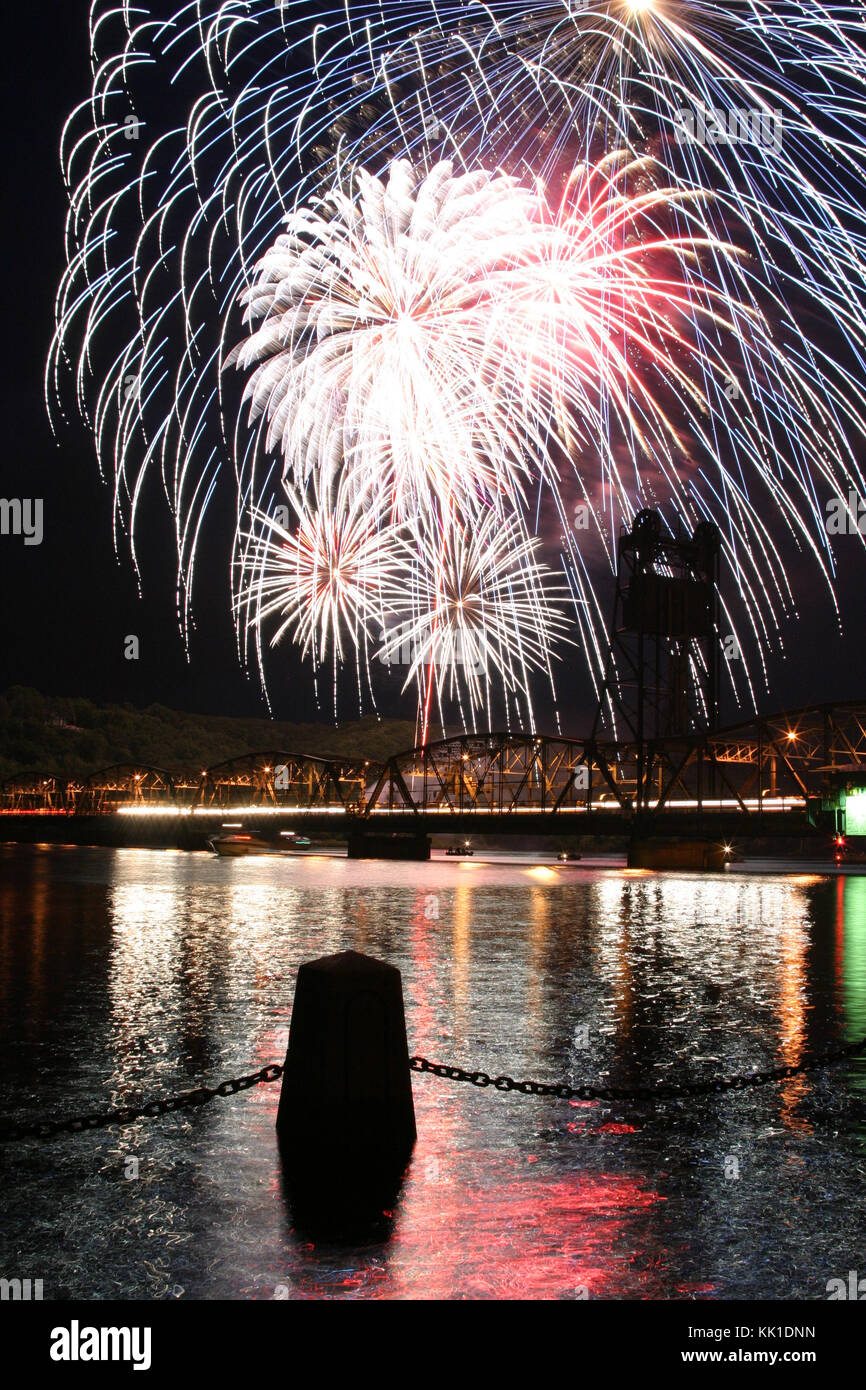 Fireworks in Stillwater, Minnesota during the fourth of july Stock