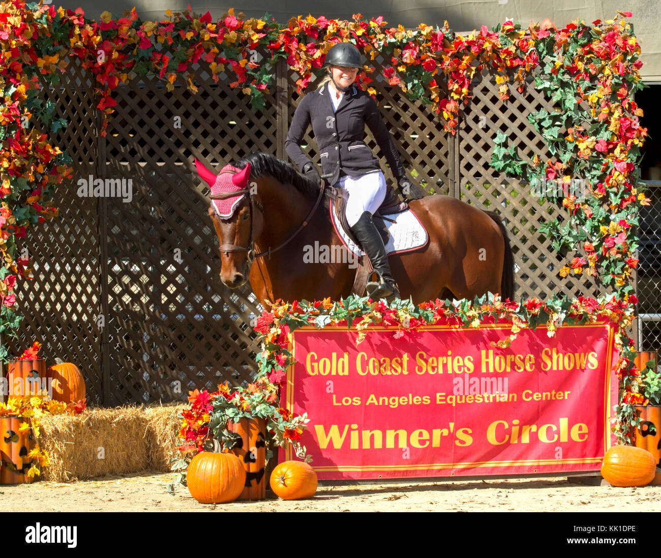 Dressage rider posing on her mount in the winner circle Stock Photo
