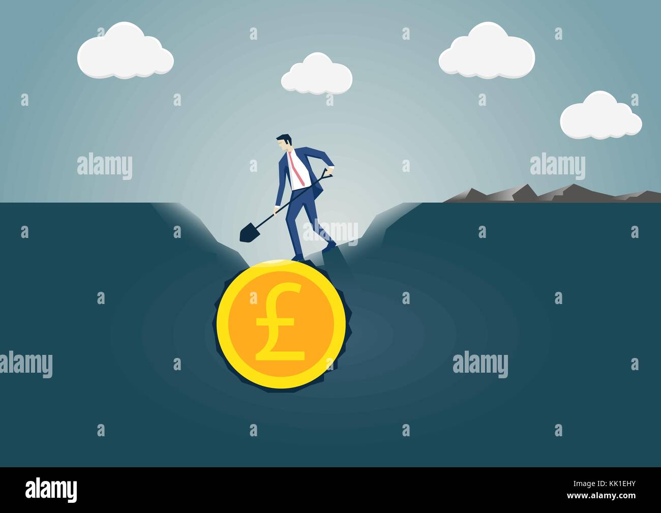 Vector illustration of business man digging and discovering British Pound gold coin. Concept for search and find or business success Stock Vector