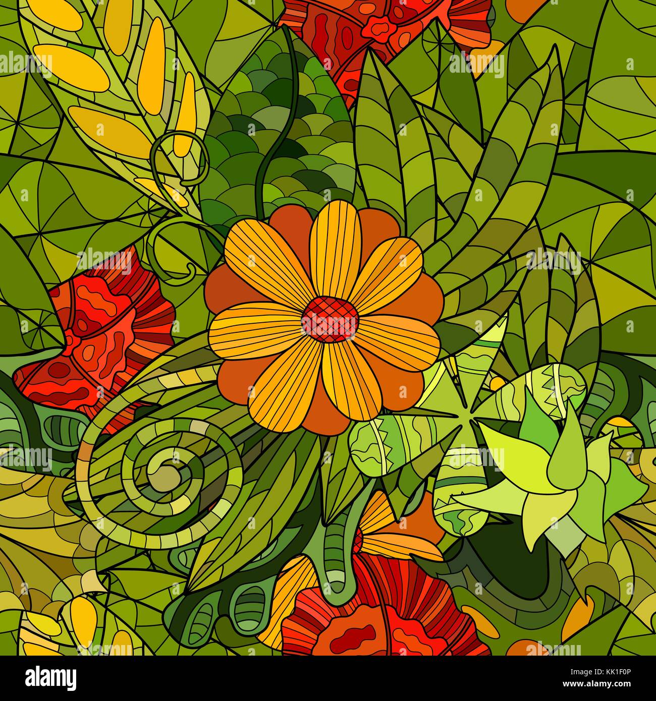 hand drawn vector floral seamless pattern with leaves and flowers Stock ...